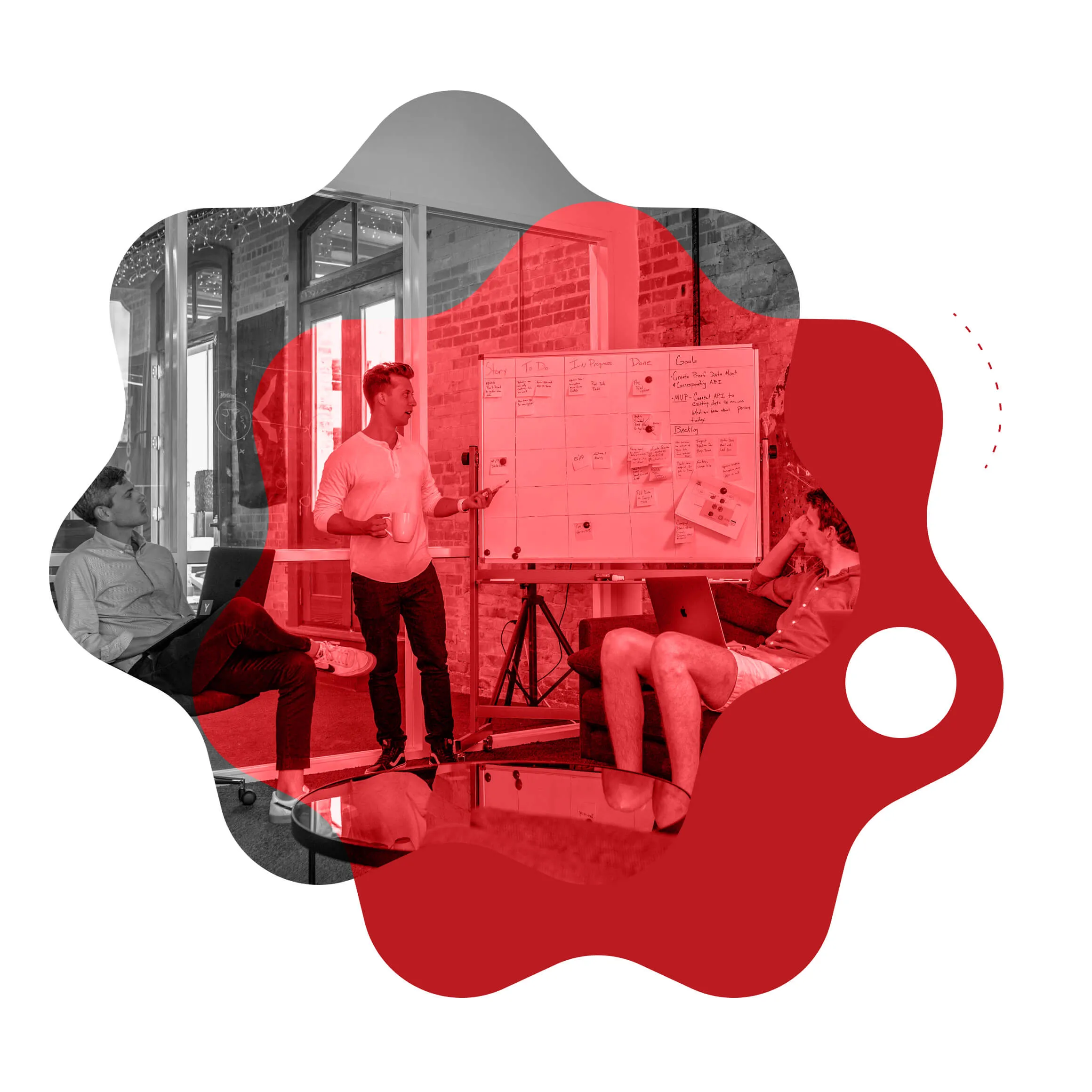Red and black illustration of a team workshop at a whiteboard