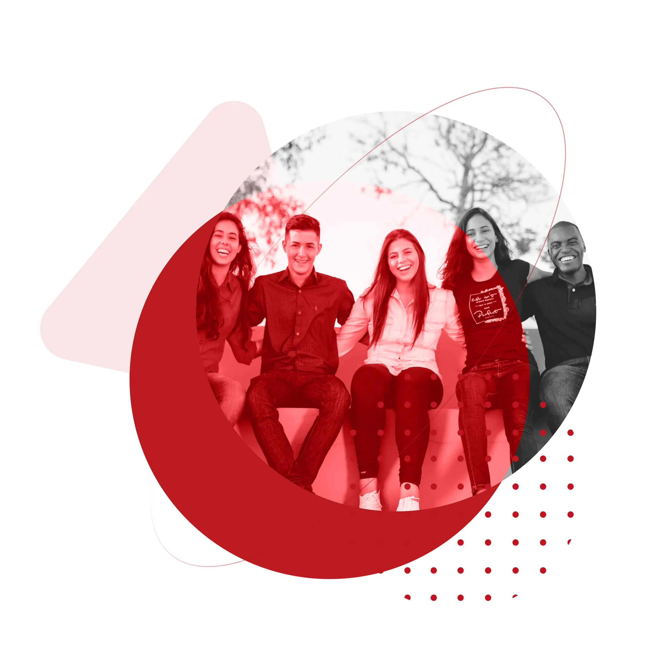Red and black illustration of a smiling group of five young people