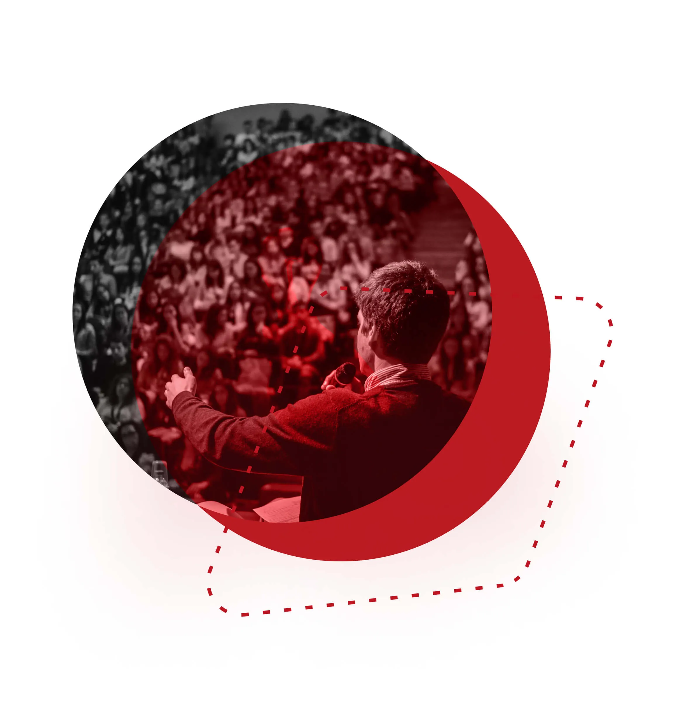 Red and black illustration of a speaker addressing a large audience